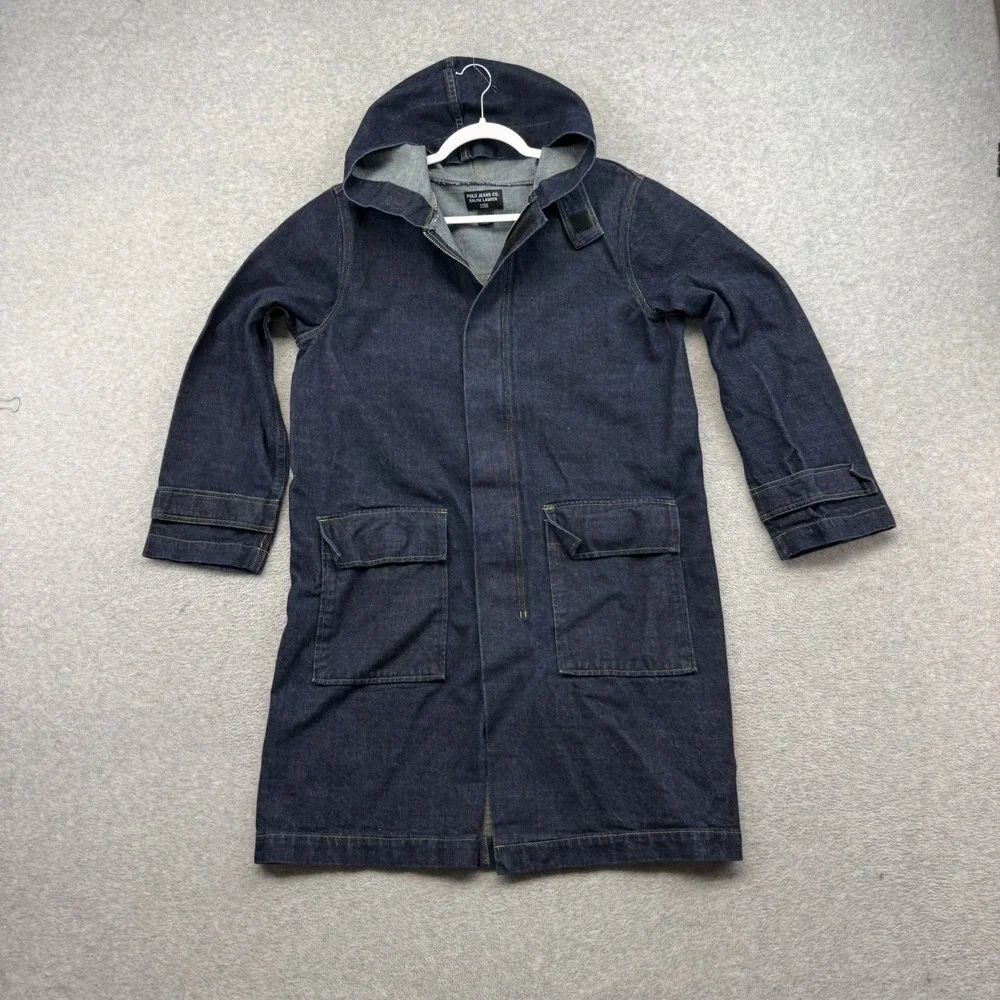 POLO JEANS RALPH LAUREN 90s Denim Duster Trench Chore‎ Coat L Indigo Blue Hooded